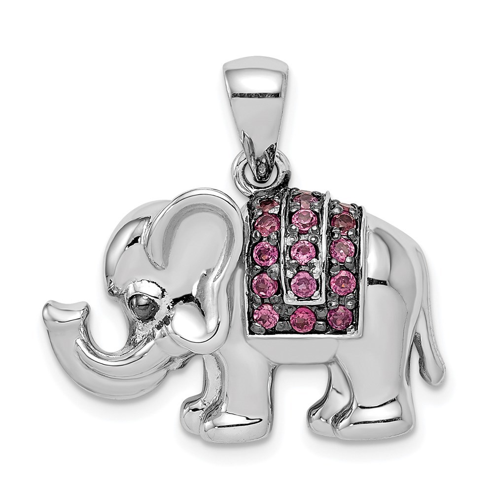 925 Sterling Silver Rhodium Rhodolite Garnet Elephant Necklace Charm Pendant